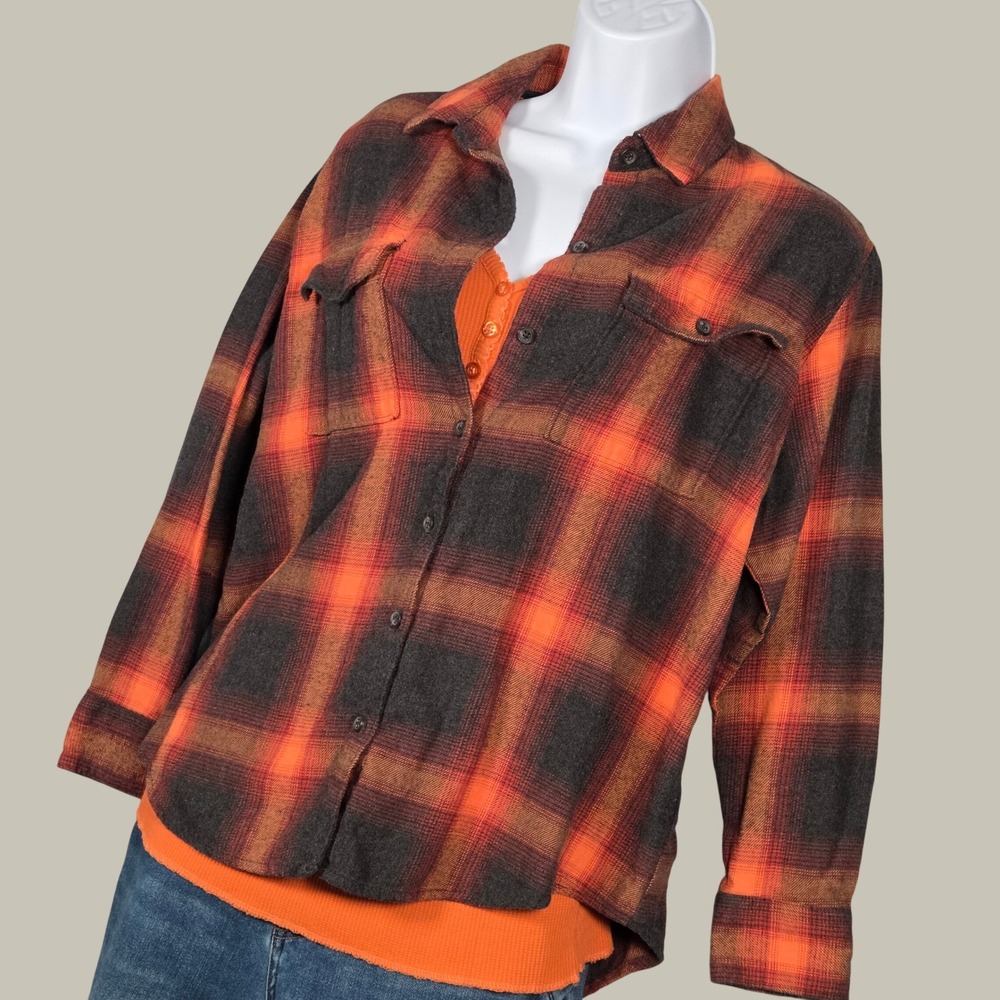 Old Navy Womens Small Folklore Tunic Boyfriend Shirt Orange Black Plaid Flannel
